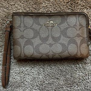 Vintage Brown Coach Wristlet in Signature Canvas with Brown Trim and Detail
